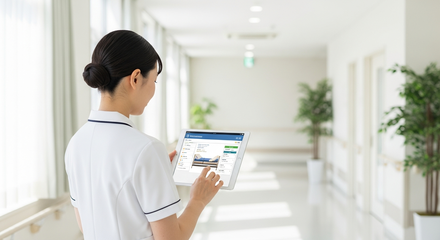 病床管理システムを操作する看護師