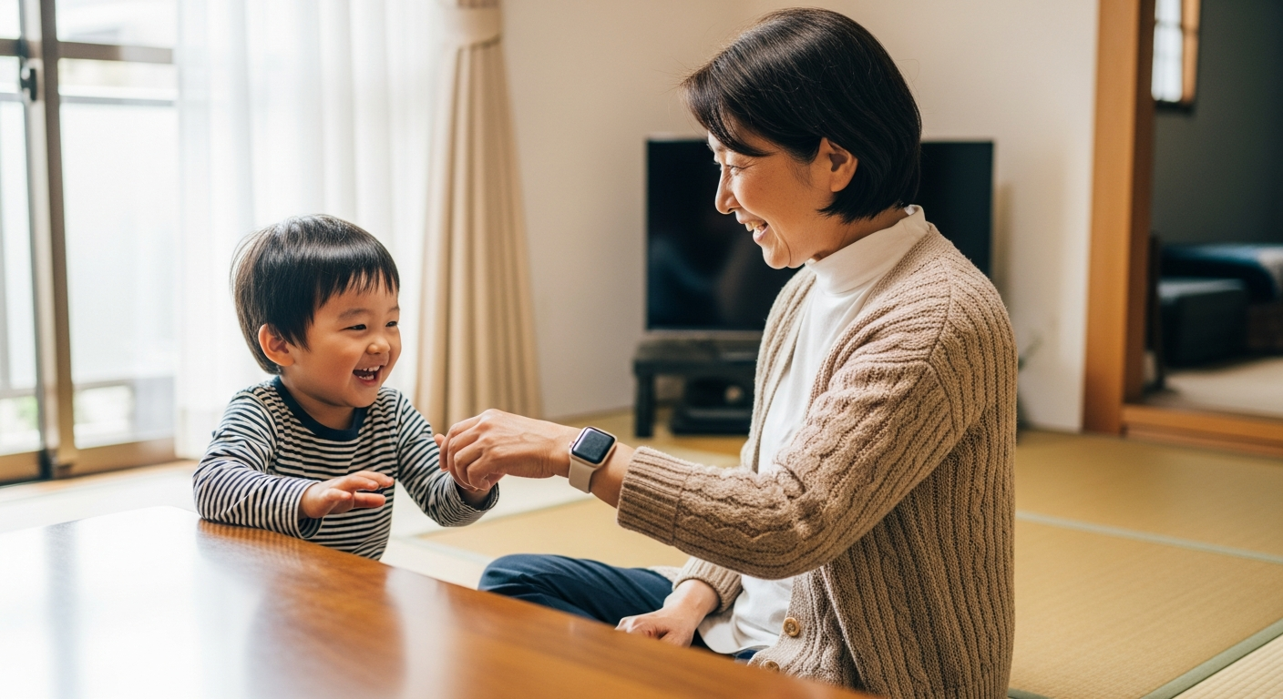 離れて暮らすご家族がスマートフォンで健康データを確認している様子